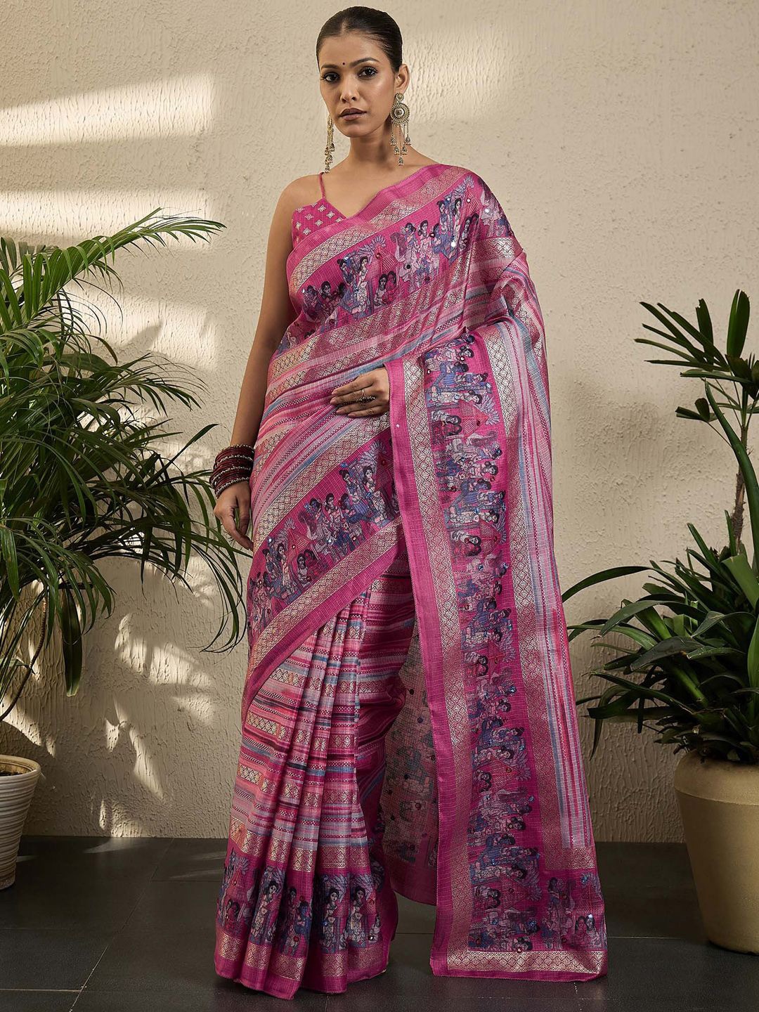 

all about you Kalamkari Printed Kota Saree, Pink