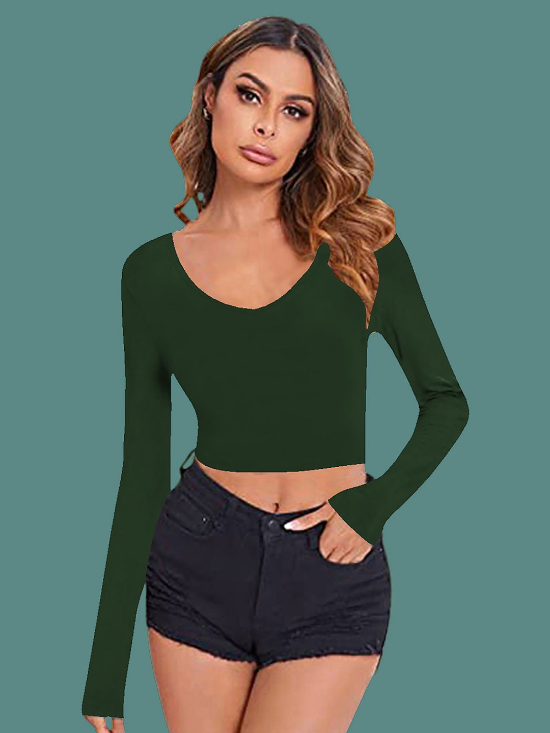 

Dream Beauty Fashion Women V-Neck Fitted Crop Top, Green