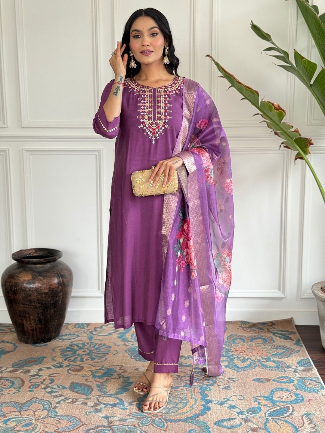 

ODETTE Floral Yoke Design Sequinned Straight Kurta with Trousers & Dupatta, Purple