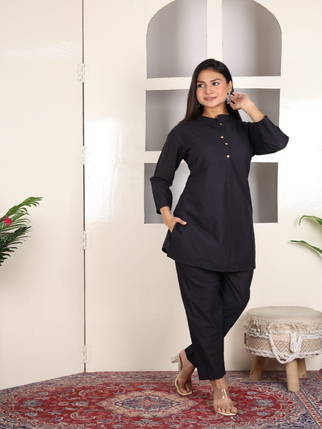 

MILAAV Mandarin Collar Top And Trousers, Black