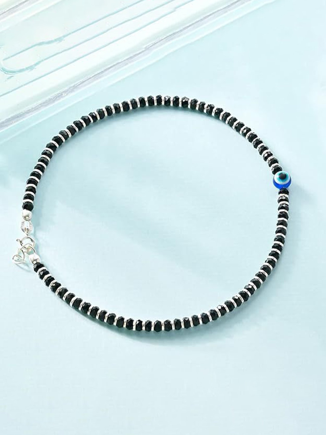 

925 SILLER Sterling Silver Rhodium-Plated Artificial Beads Beaded Evil Eye Nazariya Anklet, Black