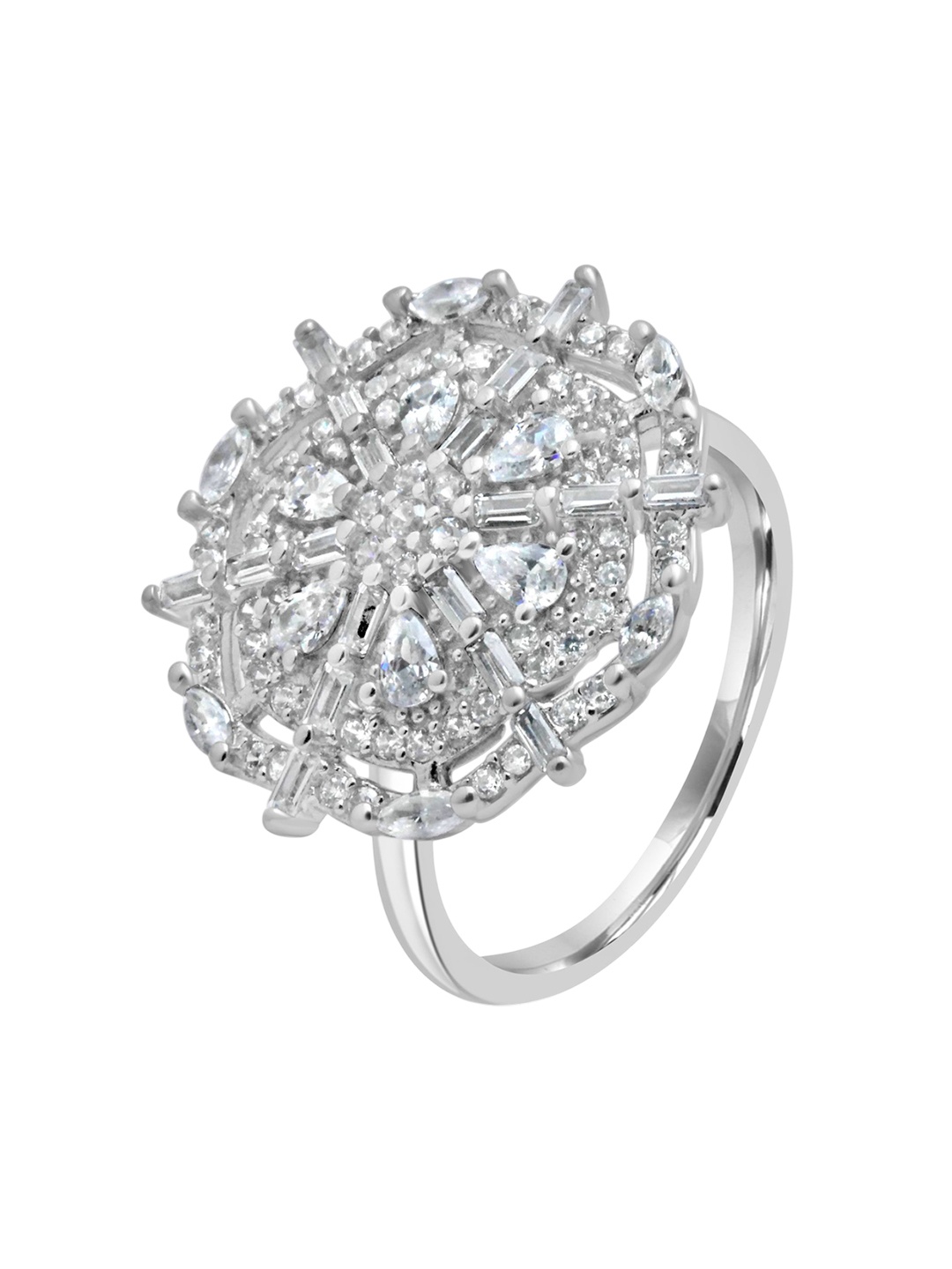 

925 SILLER Pure Silver Rhodium-Plated Cubic Zirconia Studded Bold Ring