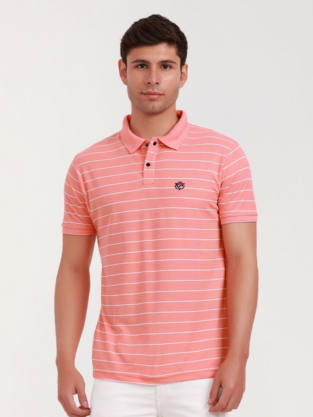 

Fitcore Men Striped Polo Collar Dri-FIT Pockets T-shirt, Pink