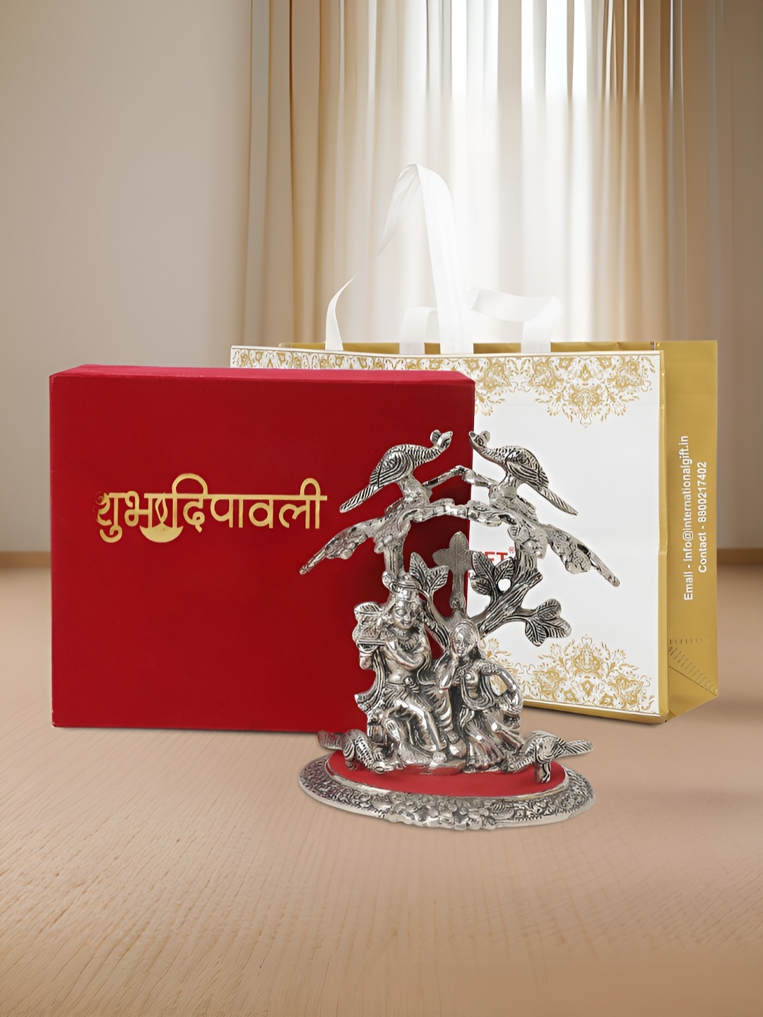 

INTERNATIONAL GIFT Silver Plated Radha Krishna Idol with Box and Happy Diwali Tag