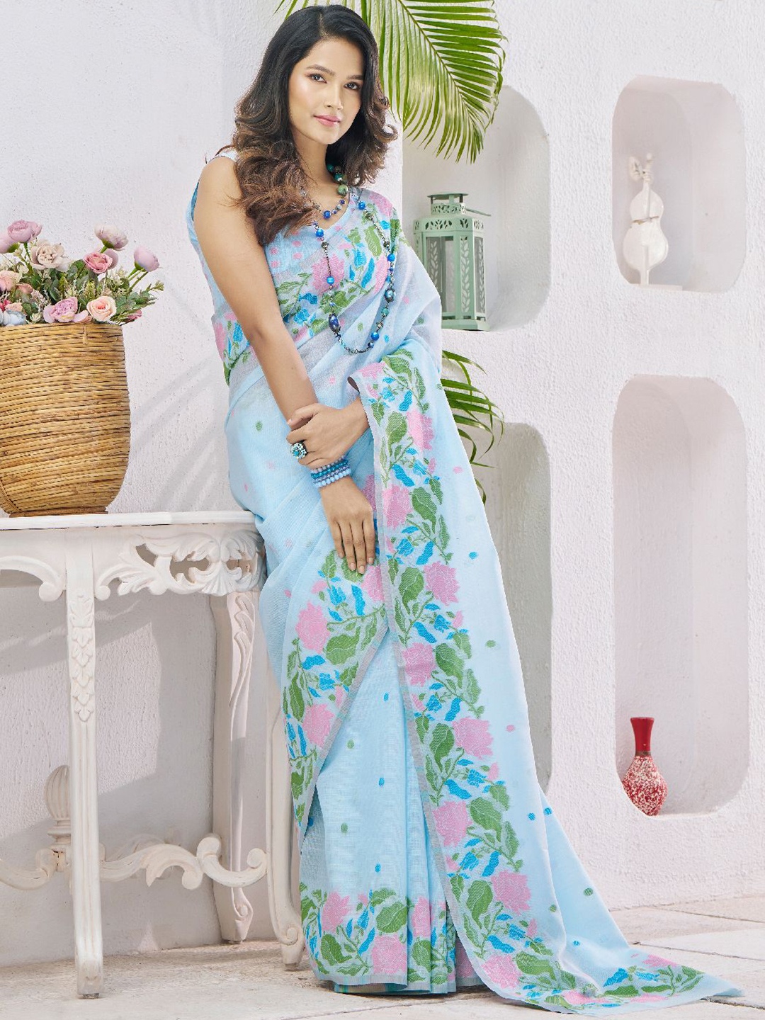 

LeeliPeeri Designer Floral Linen Blend Saree, Blue