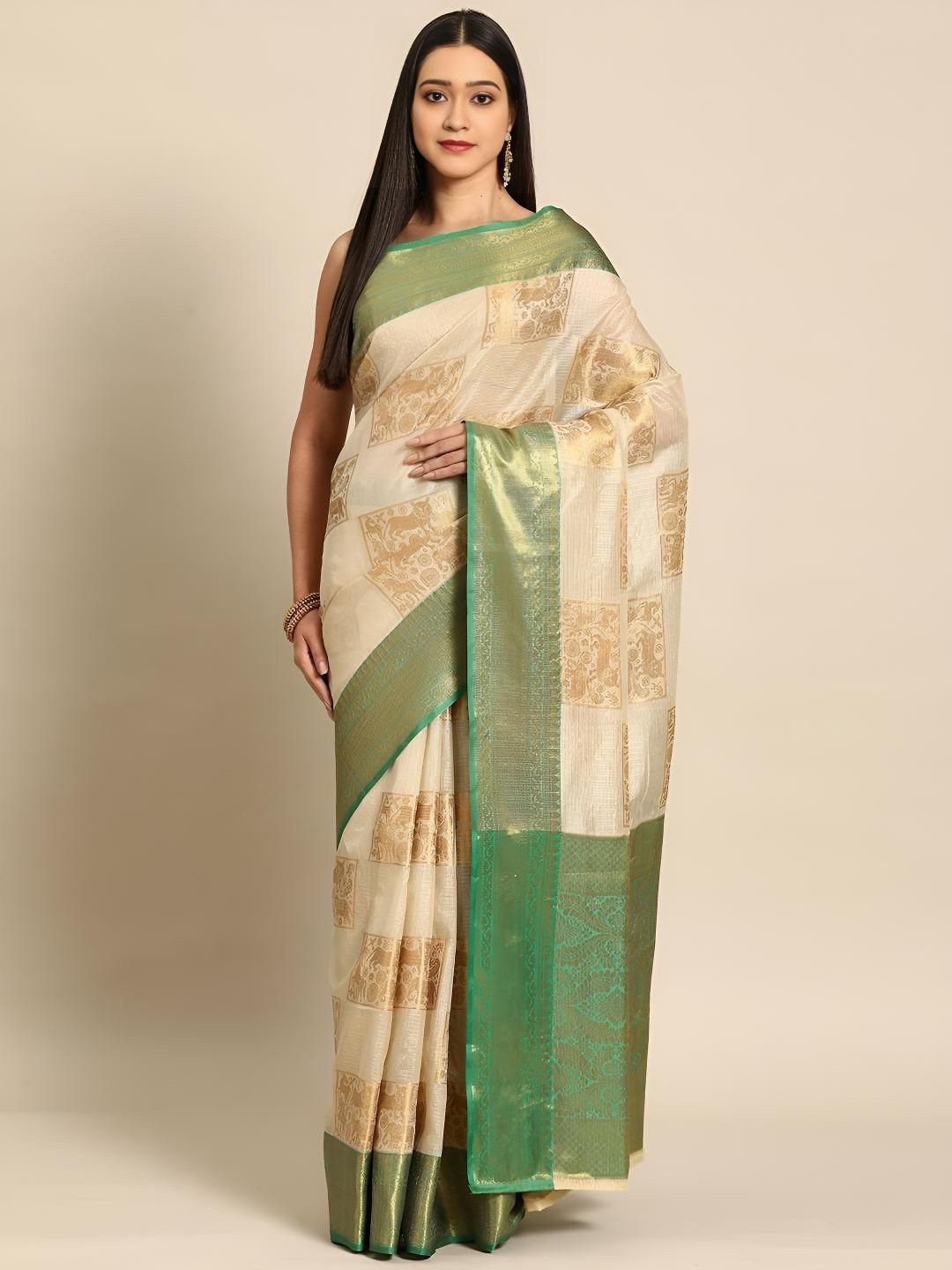 

DIVASTRI Woven Design Zari Silk Blend Kota Saree, Cream