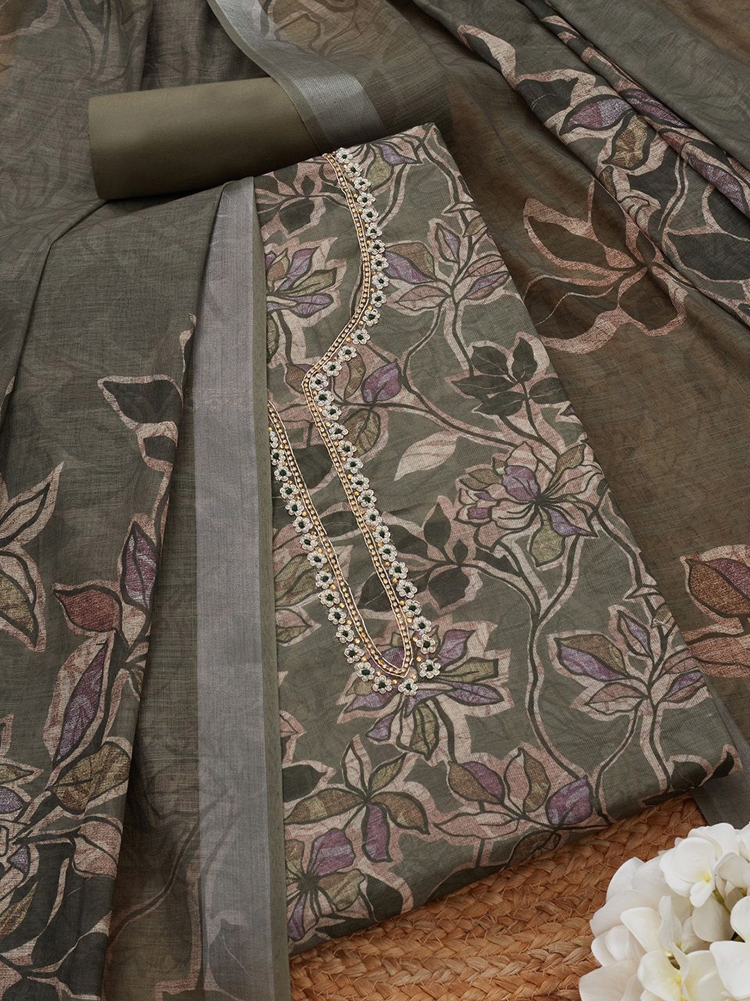 

Soch Floral Printed Beads And Stones Linen Unstitched Dress Material, Olive