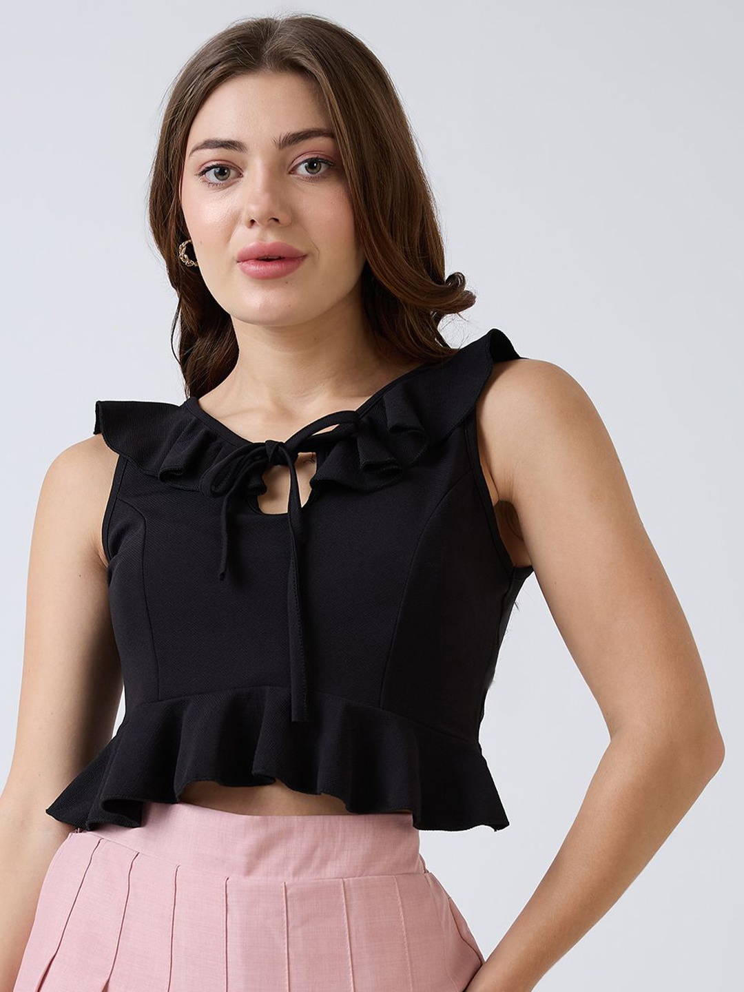 

SZN Women Tie-Up Neck Peplum Crop Top, Black