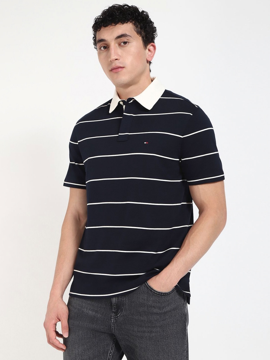 

Tommy Hilfiger Men Striped Polo Collar Cotton Relaxed Fit T-shirt, Navy blue