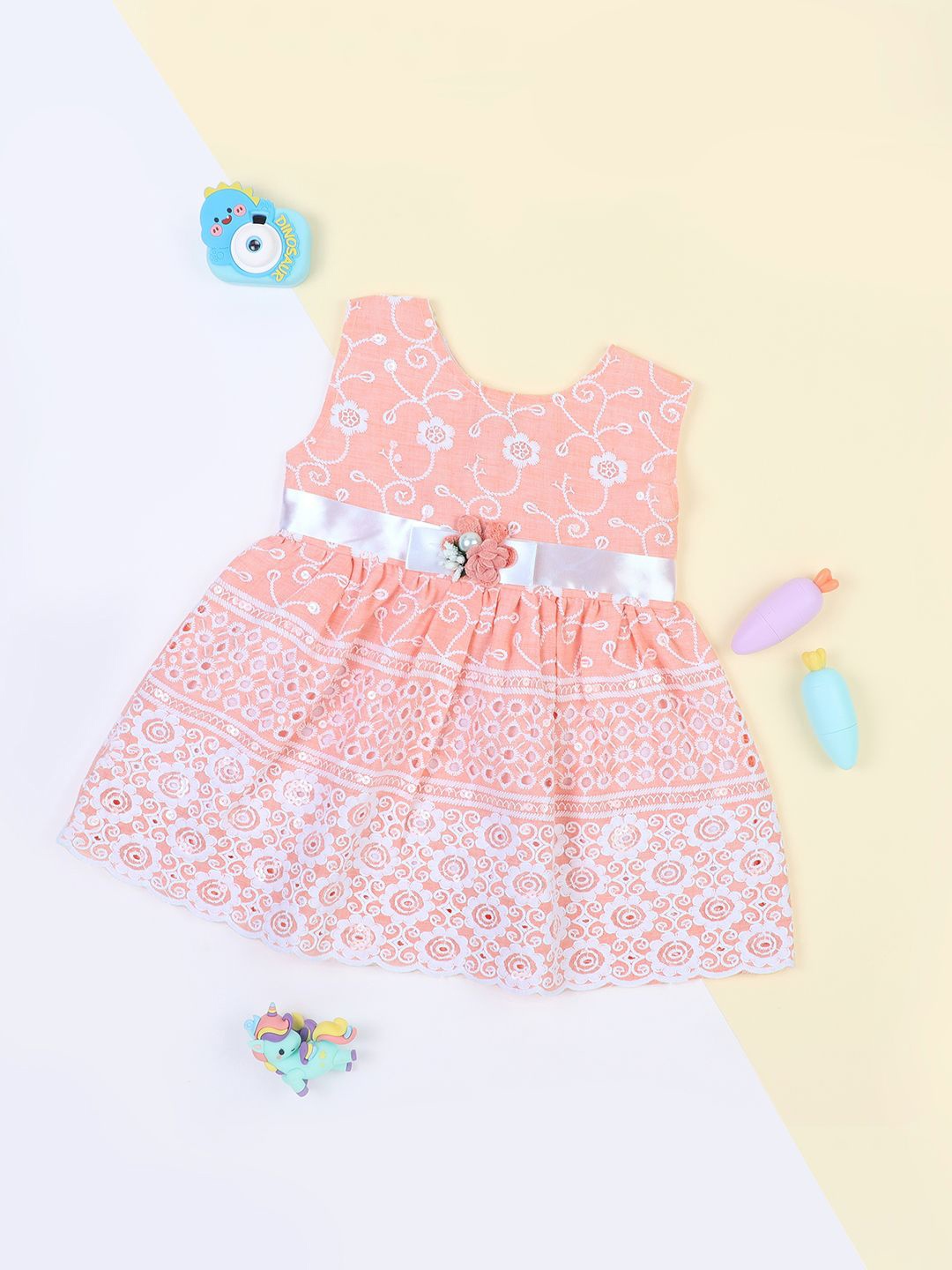 

Macwin Floral Embroidered Fit & Flare Dress, Peach