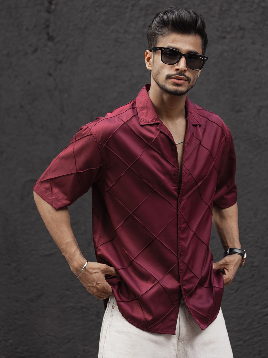 

Powerlook Men Relaxed Fit Spread Collar Textured Casual Shirt, Red