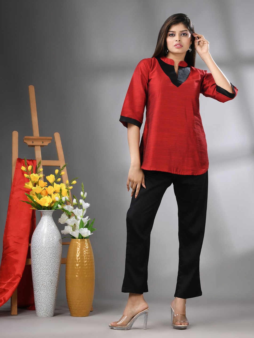 

Charukriti Women Solid Bangalore Silk Longline Shirt Style Top, Red