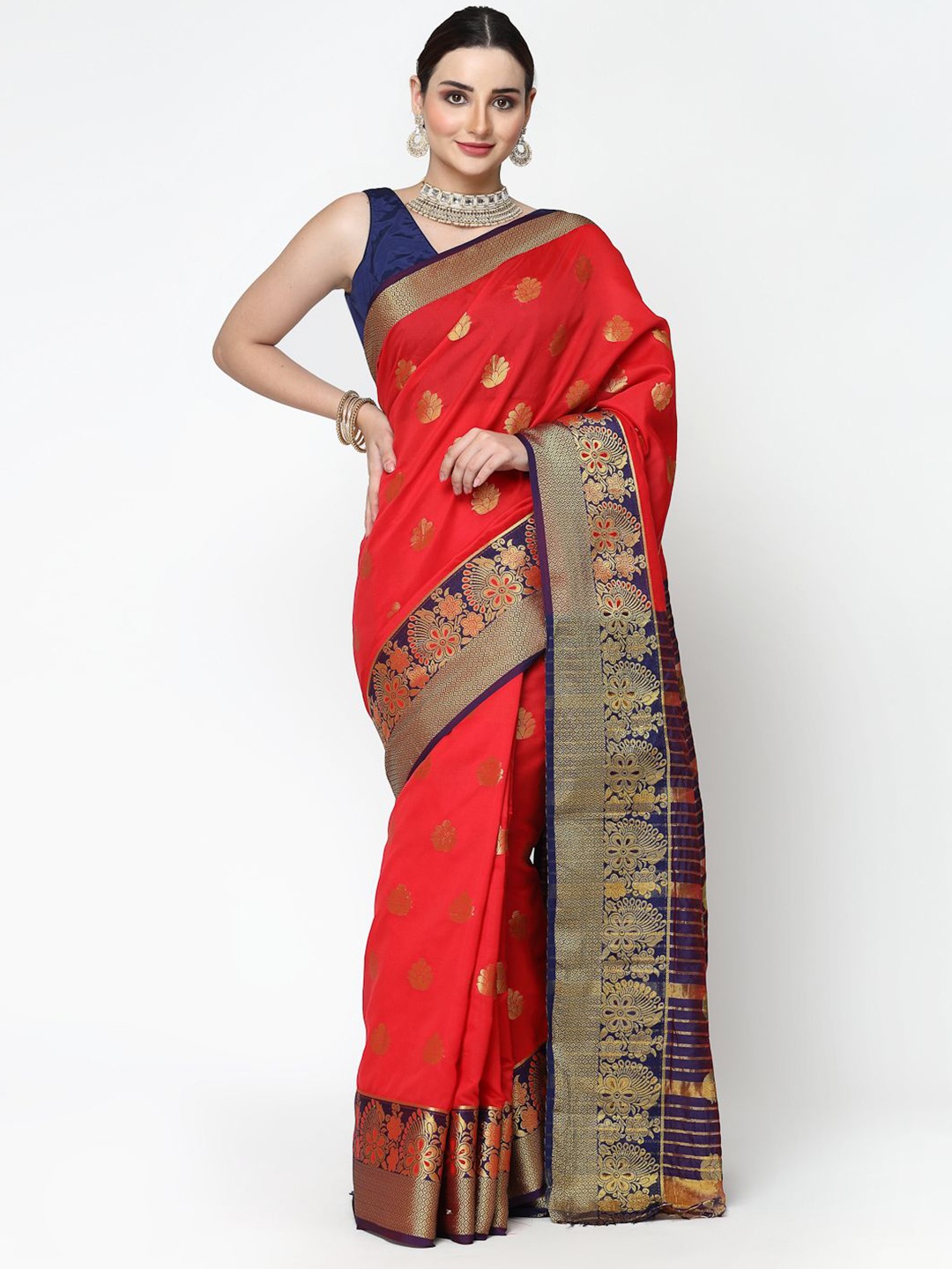 

RAJUL Ethnic Motifs Woven Design Zari Banarasi Saree, Red