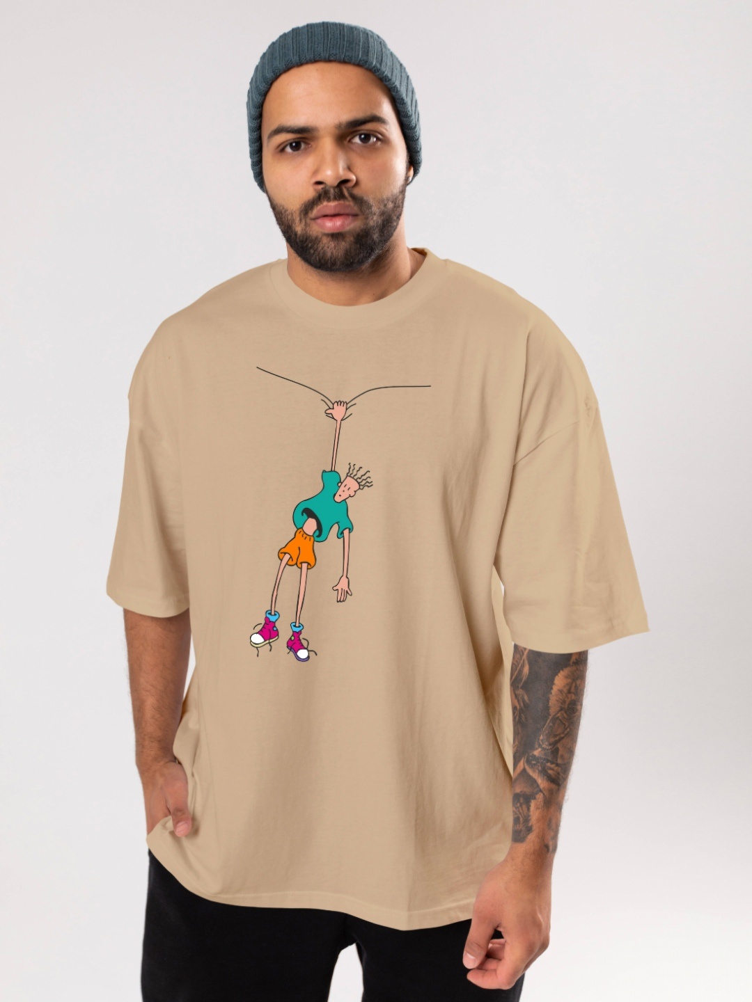 

FLYIND VOGUE OUTFIT Men Bio Finish Graphic Printed Round Neck Cotton Oversized T-shirt, Beige
