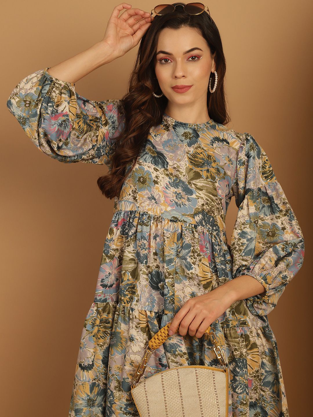 

JAINISH Floral Printed Puff Sleeve Round Neck A-Line Dress, Blue