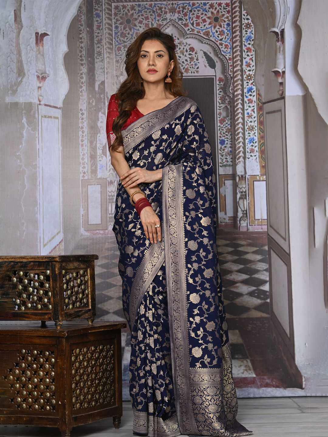 

NITARAA Woven Design Zari Pure Georgette Khadi Saree, Blue