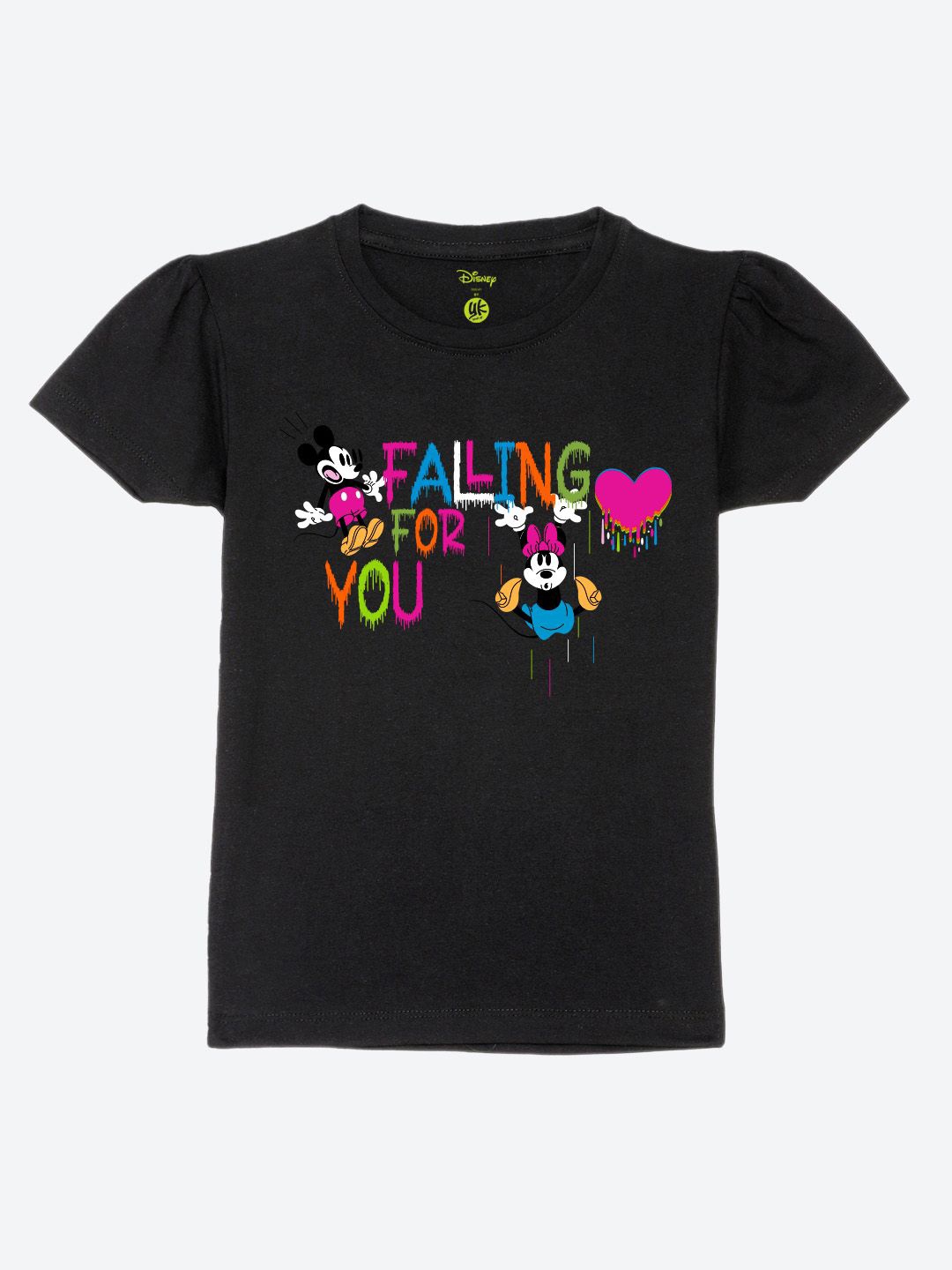 

YK Disney Print Puff Sleeve Cotton Top, Black