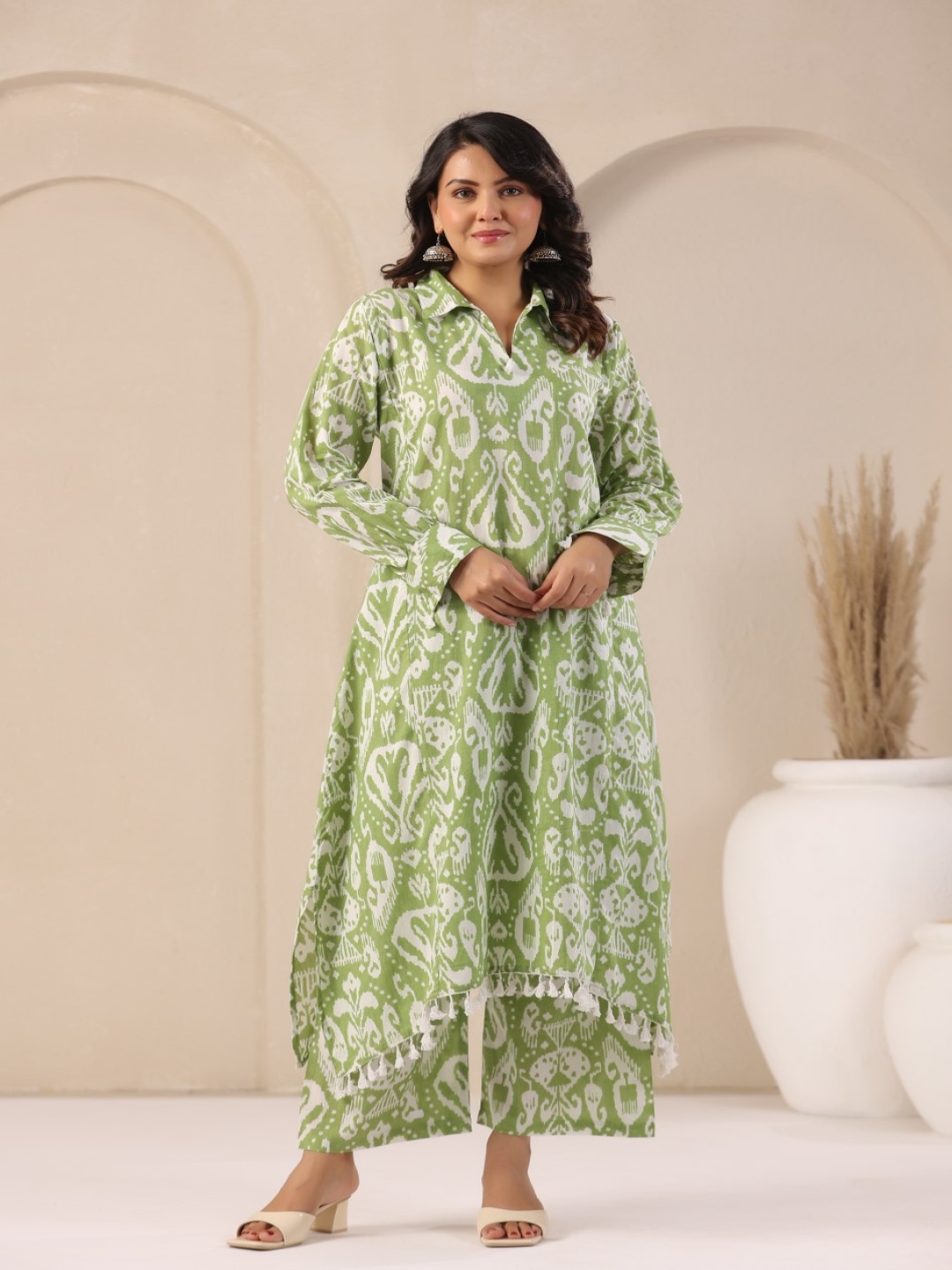 

AUTUMN LANE Ethnic Motifs Printed Pure Cotton Kurta With Trouser, Green