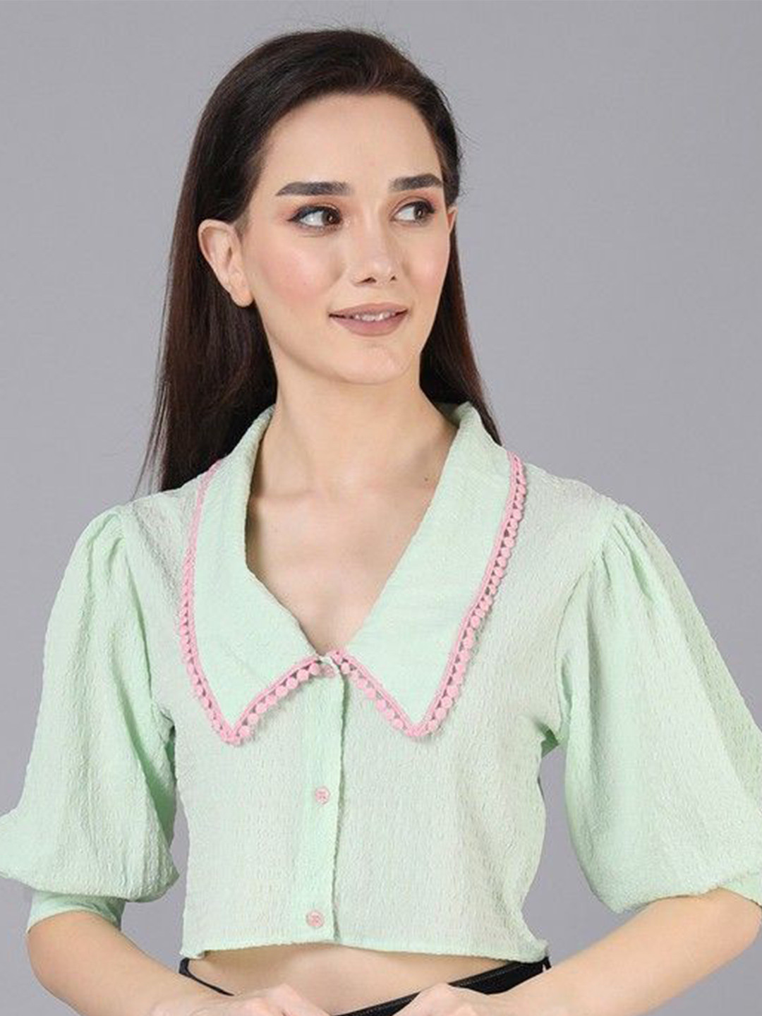 

JAKANARY Print Puff Sleeve Georgette Crop Top, Green