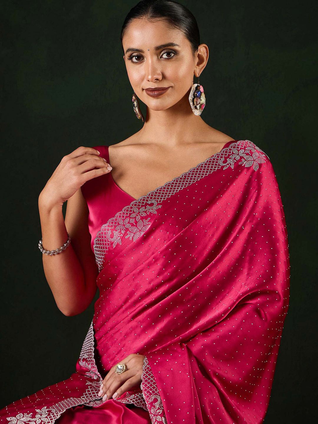 

Sangria Embellished Party Wear Saree With Unstitched Blouse, Pink