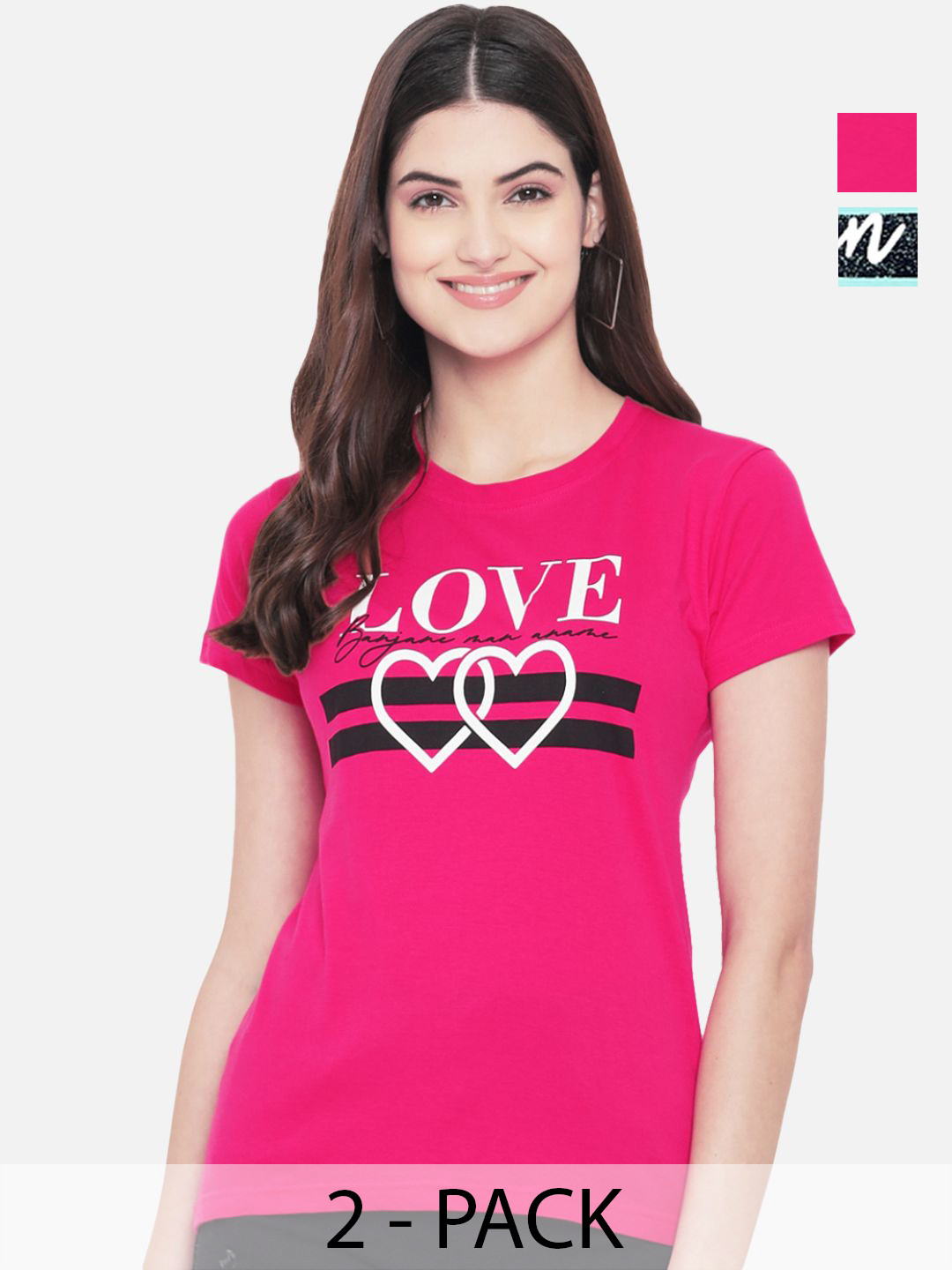 

Dreambe Women Pack Of 2 Typography Printed Round Neck Cotton T-shirts, Pink