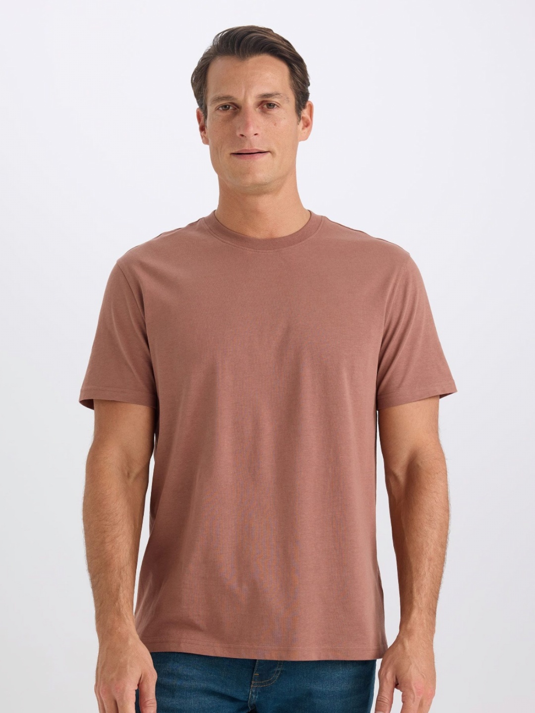 

DeFacto Men Solid Round Neck Cotton T-shirt, Brown