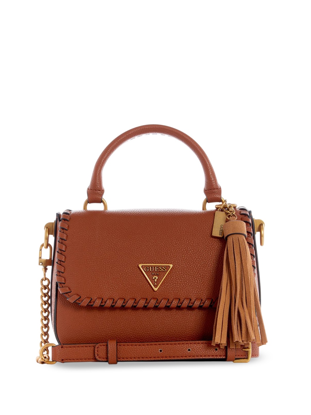 

GUESS PU Structured Satchel with Fringed, Tan