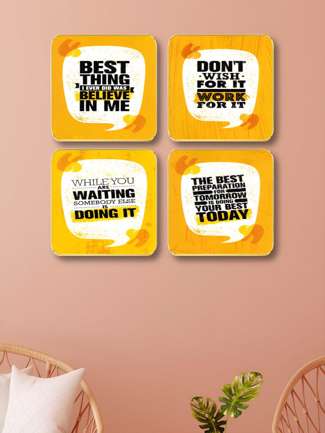 

Myntra Elegant Homes Yellow And Black 4 Pieces Motivational Quotes Wood Wall Art