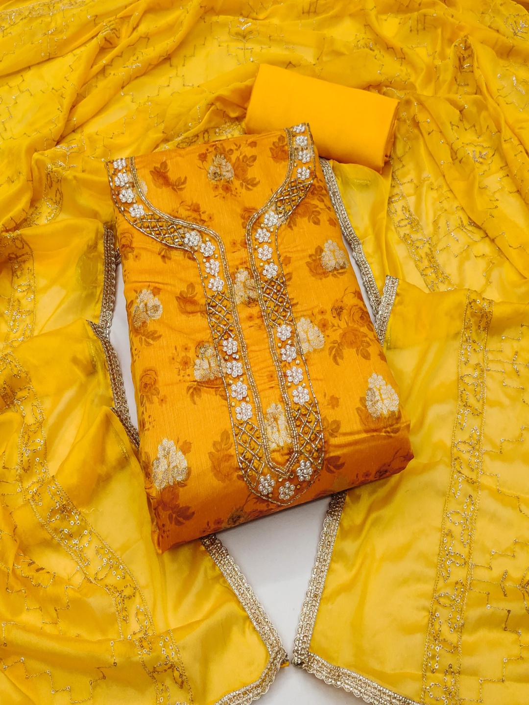 

Blissta Floral Printed Beads And Stones Unstitched Dress Material, Yellow