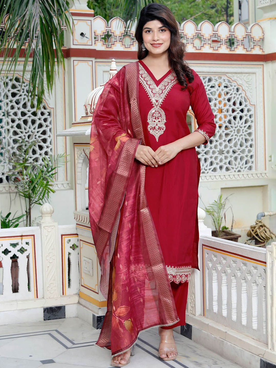 

KALINI Floral Embroidered Yoke Design Pure Cotton Straight Kurta With Trousers & Dupatta, Red