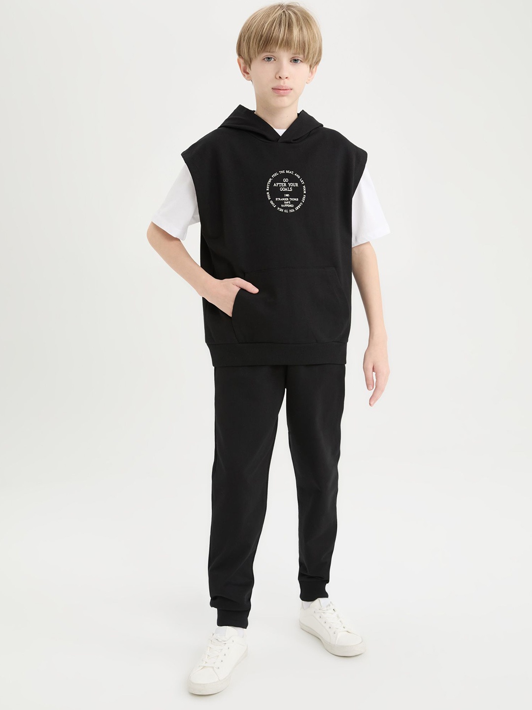 

DeFacto Boys Printed Pure Cotton T-shirt With Joggers, Black