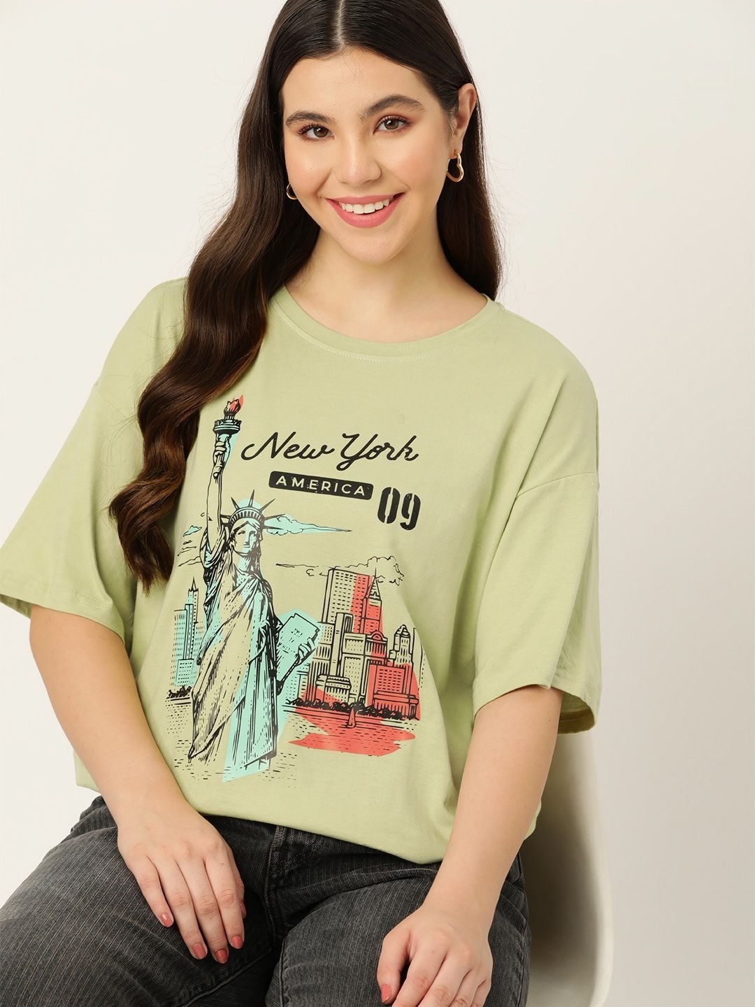 

DressBerry Women Graphic Printed Round Neck Cotton Oversized T-shirt, Green