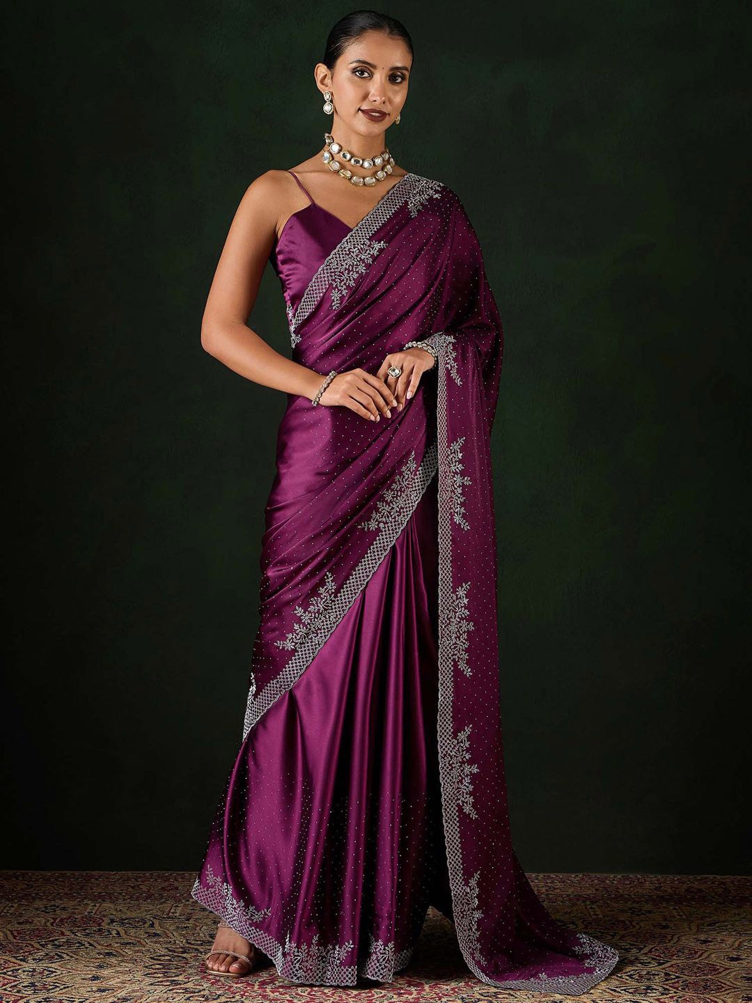 

Sangria Embellished Party Wear Saree With Unstitched Blouse, Magenta