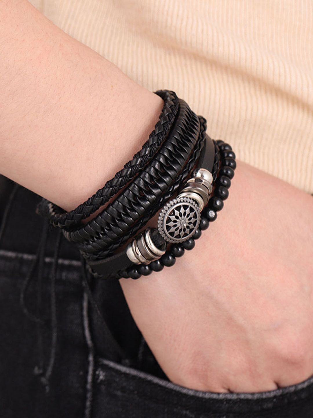 

Jewels Galaxy Men 4 Leather Silver-Plated Artificial Beads Bracelet, Black