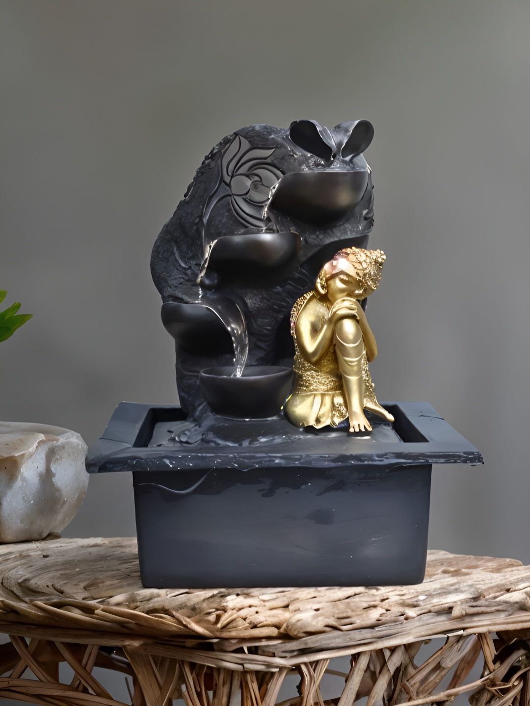 

Royaloak Black Glossy Elora-Resting Buddha Water Fountain, Gold
