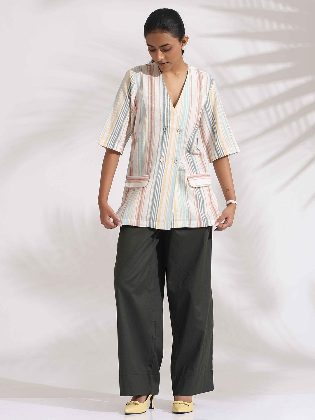

trueBrowns Striped Pure Cotton Jacket Top With Palazzo Co-Ords, Off white