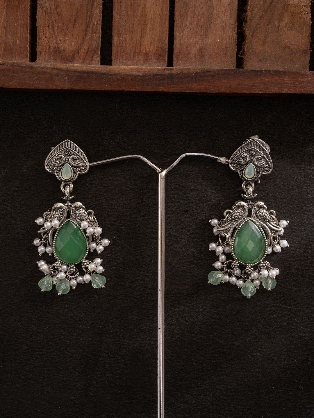 

PANASH Silver-Plated Stones Studded And Beaded Contemporary Shaped Oxidized Drop Earrings