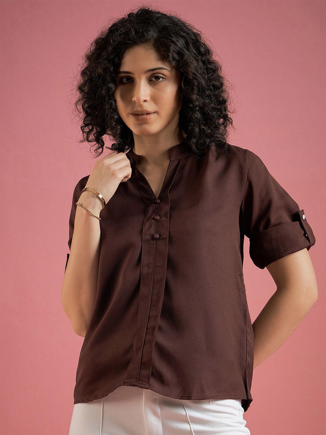 

DressBerry Women Mandarin Collar Roll-Up Sleeves Crepe Shirt Style Top, Brown