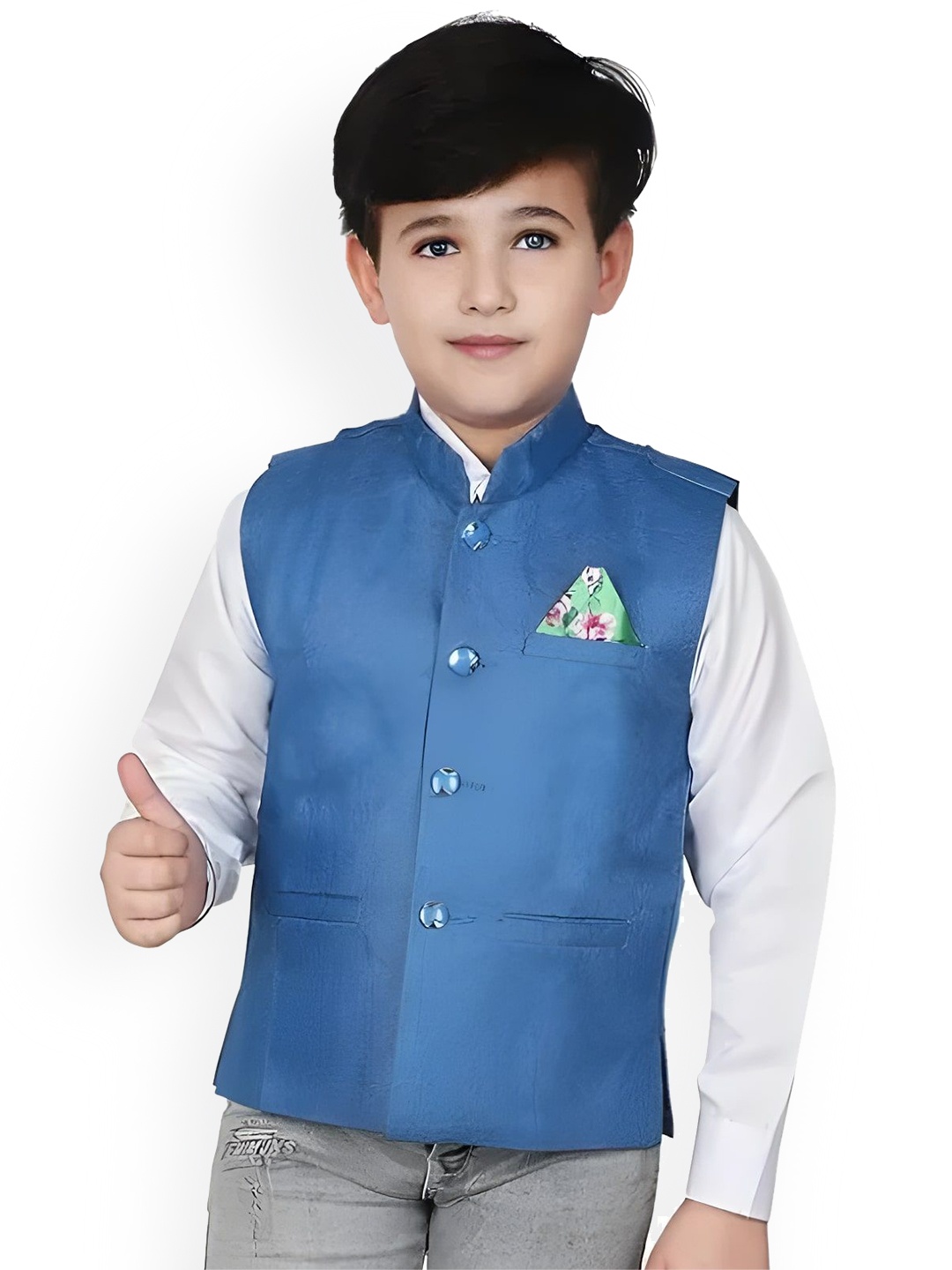 

Qitty Boys Stand Collar Jute Cotton Nehru Jacket, Blue