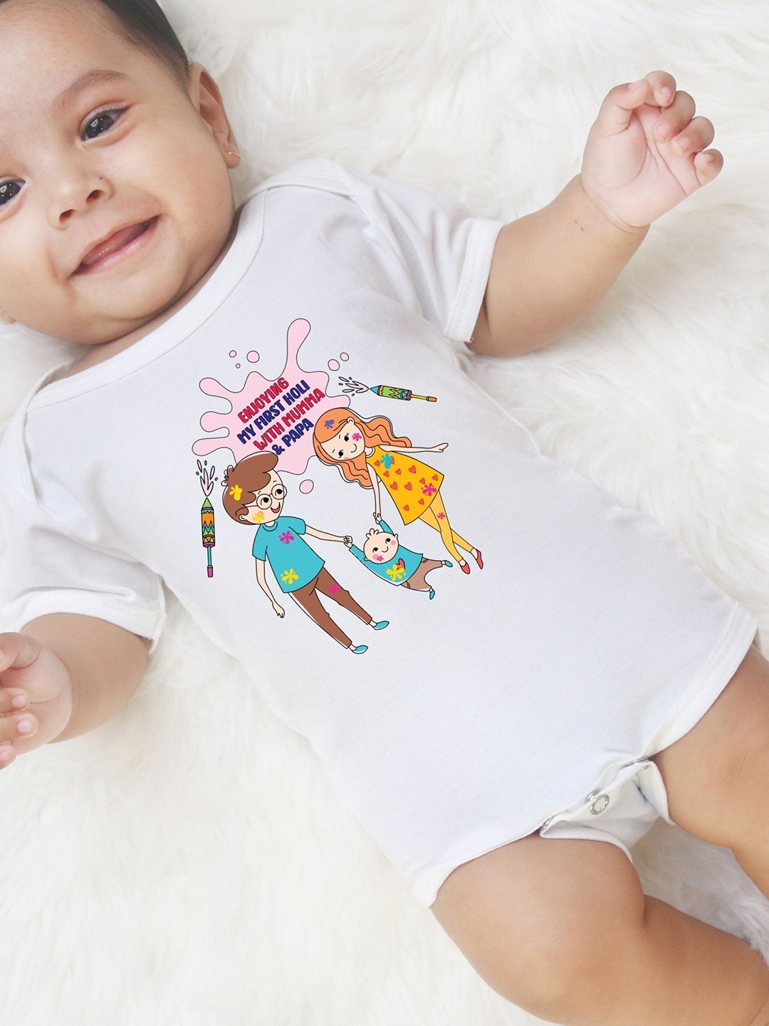

KNITROOT Kids Enjoying My First Holi With Mumma & Papa Printed Bodysuit, White