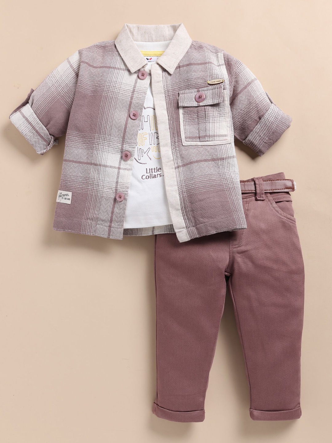 

LITTLE COLLARS Boys Checked Shirt with Trousers, Brown