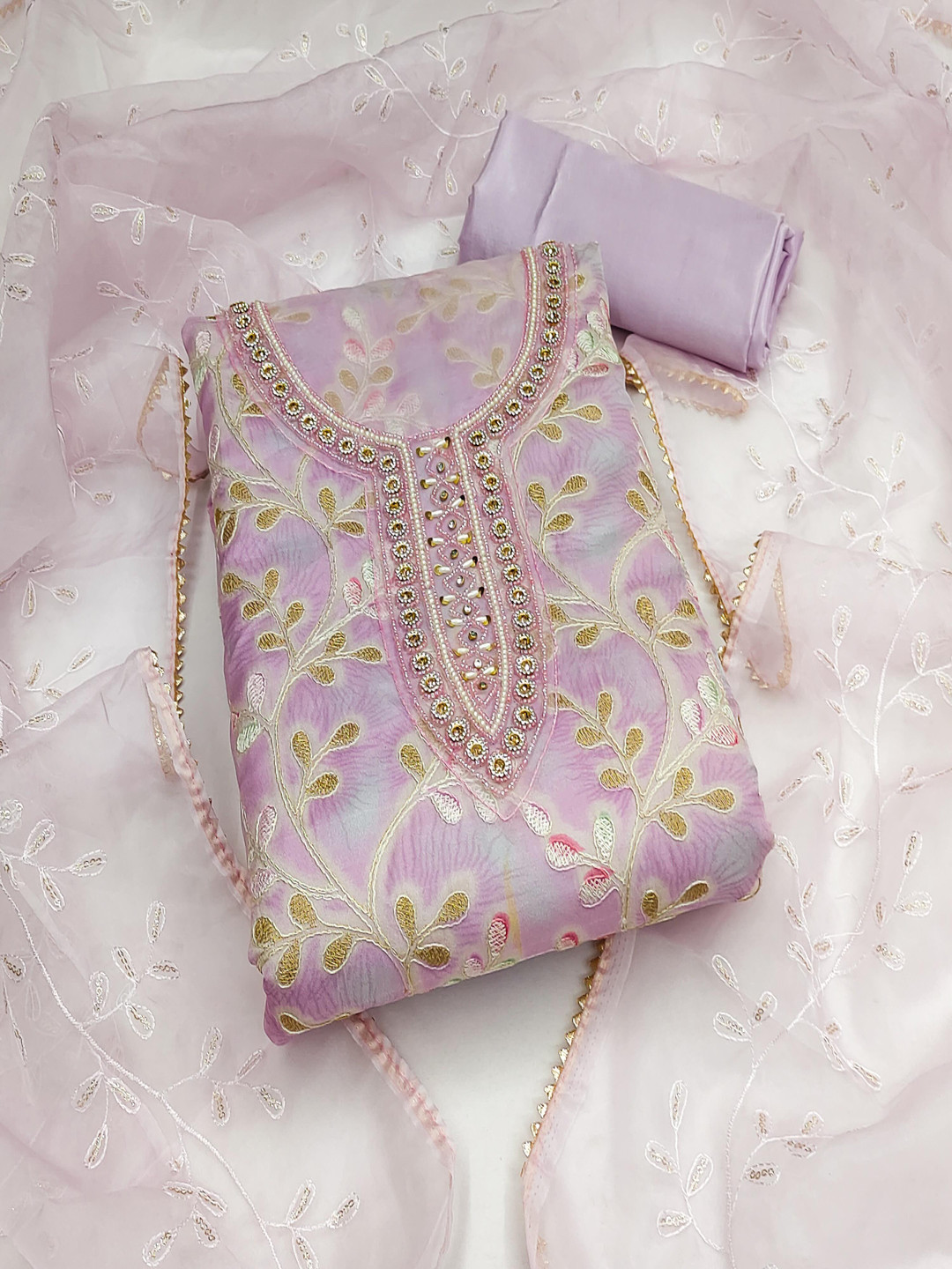 

Blissta Floral Embroidered Beads and Stones Organza Unstitched Dress Material, Lavender