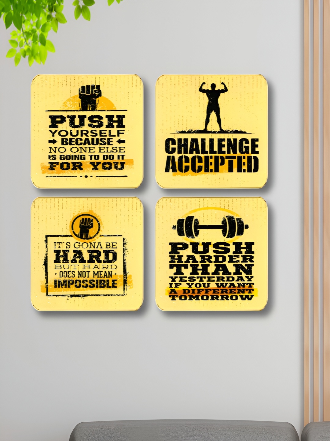 

Myntra Elegant Homes Yellow & Black 4 Piece Motivational Quotes Wooden Wall Art