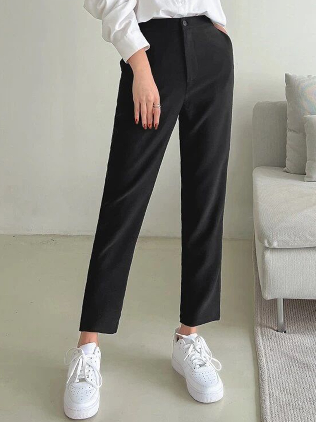 

FNOCKS Women Relaxed Loose Fit High-Rise Formal Trousers, Black