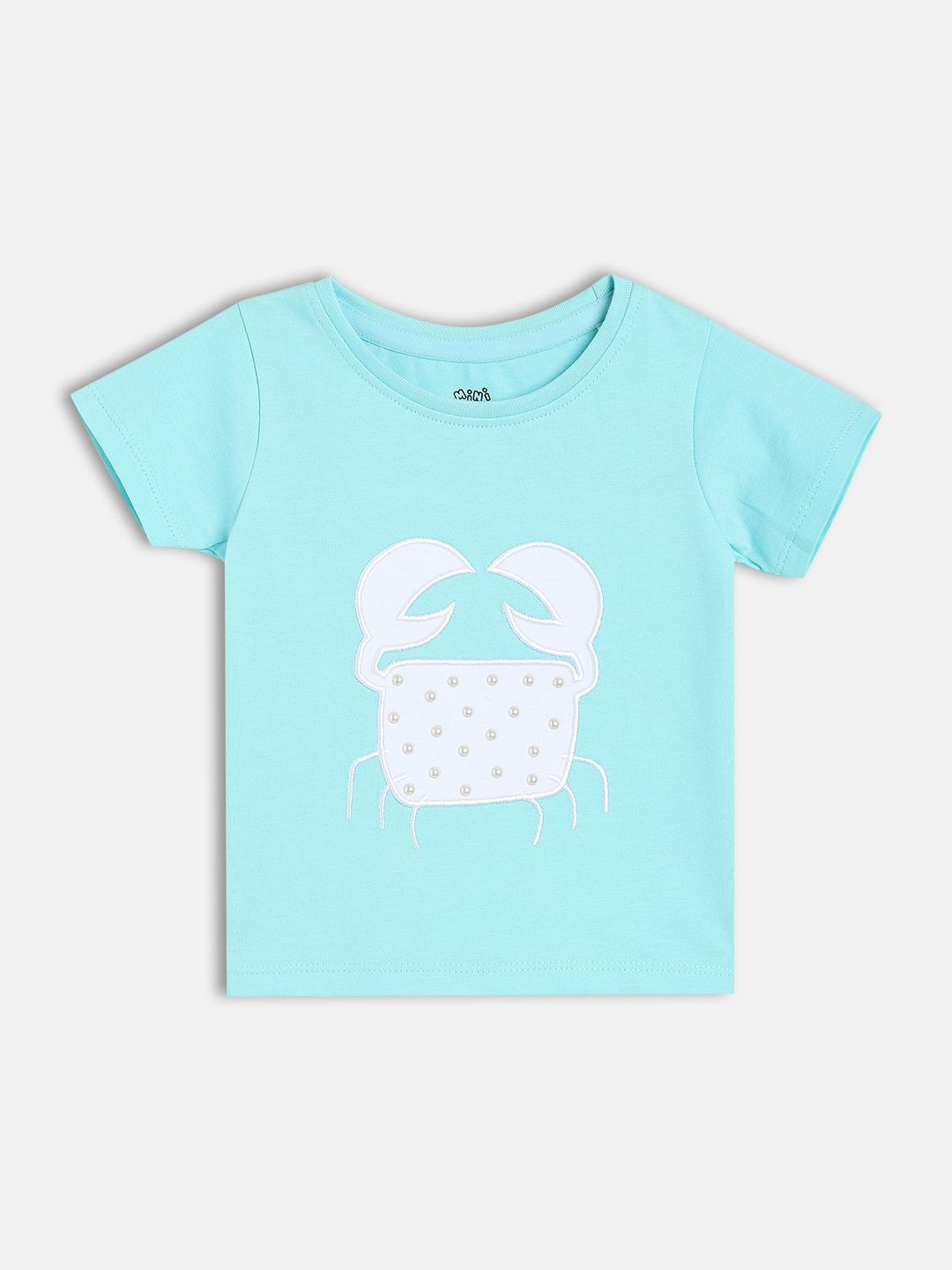 

MINI KLUB Girls Self Design Round Neck Regular Pure Cotton Top, Blue