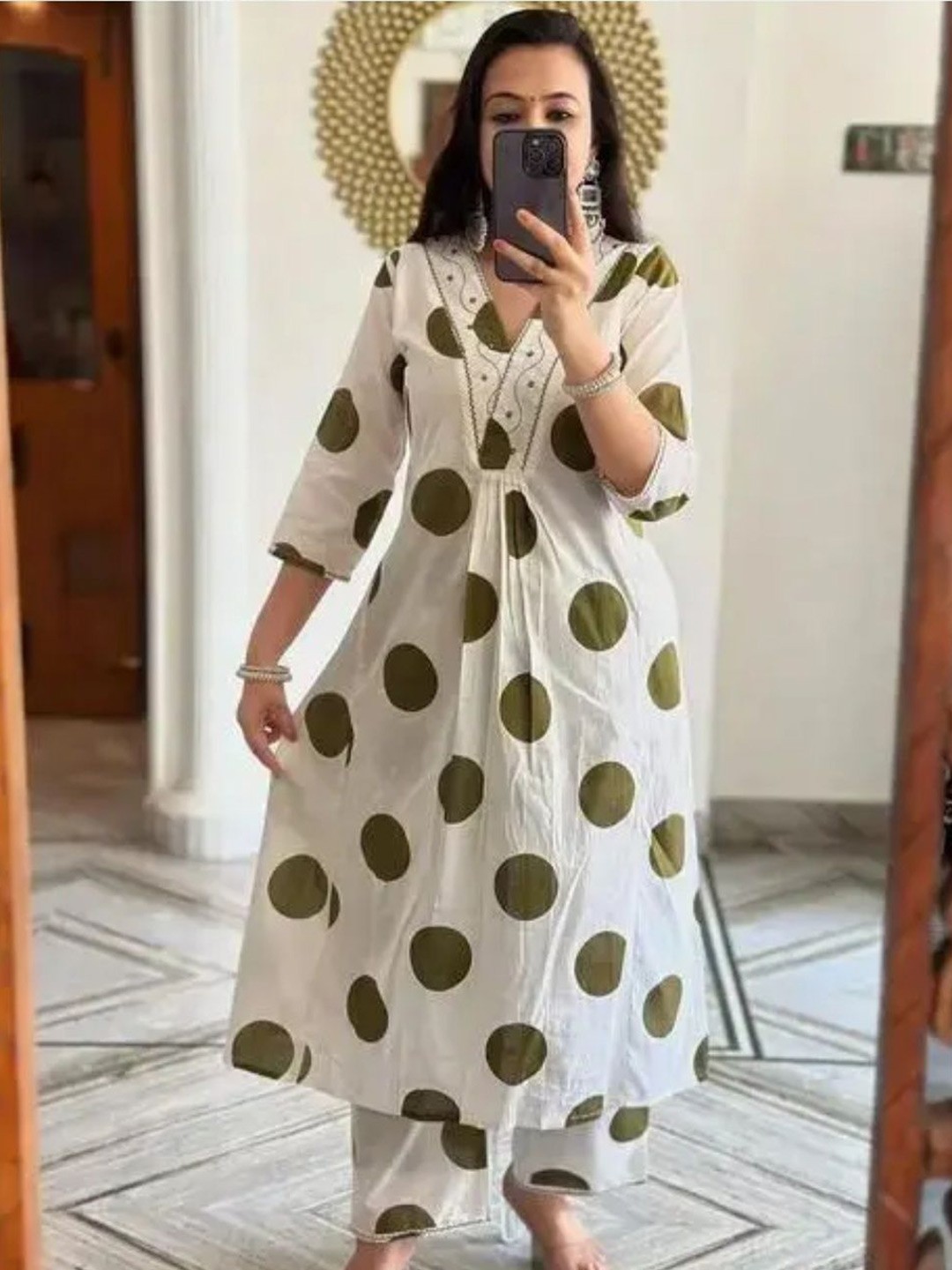 

Saood Creation Print Fit & Flare Three-Quarter Dress, Green