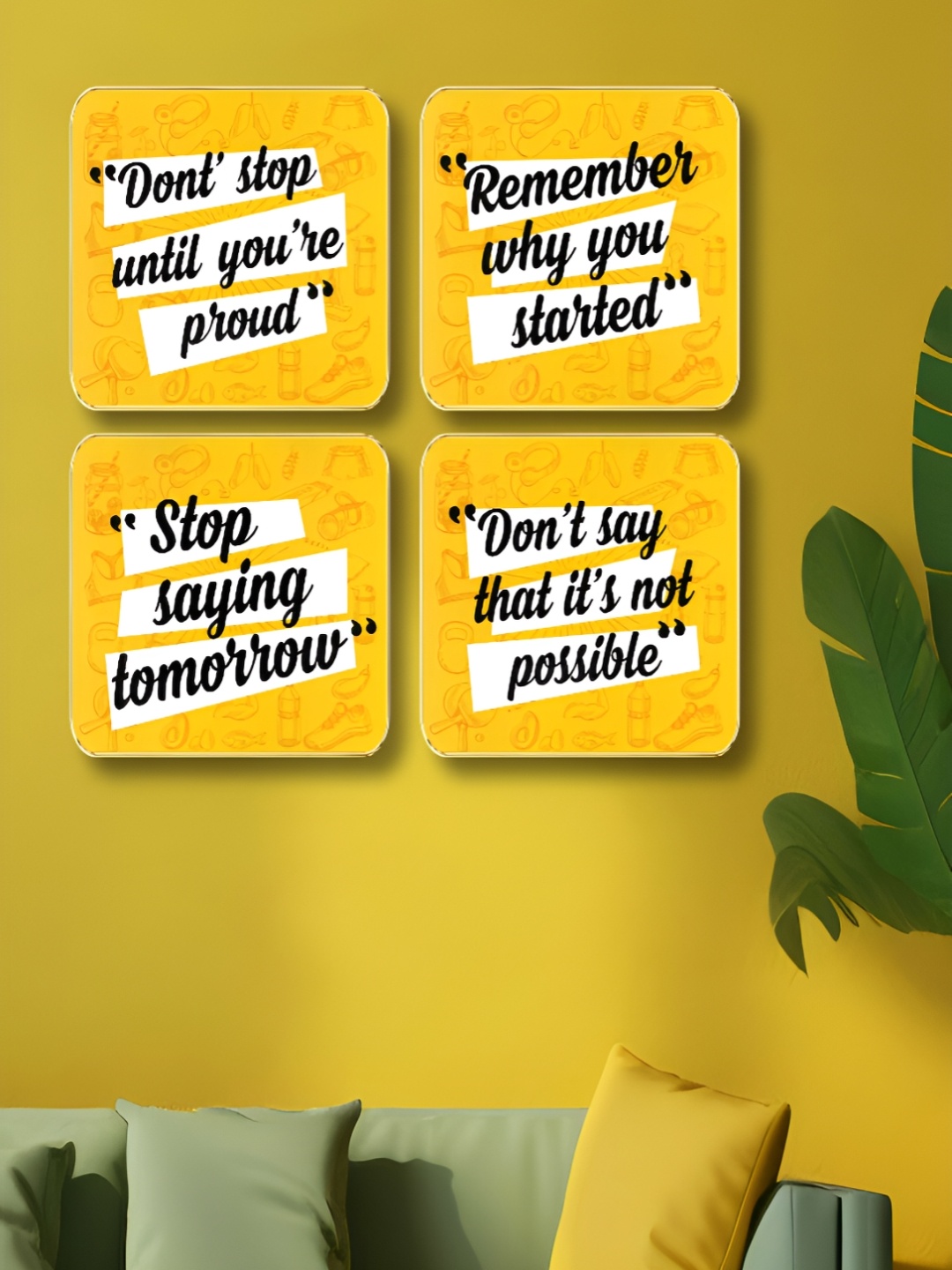 

Myntra Elegant Homes Yellow & White 4 Pieces Motivational Quotes Wood Wall Art