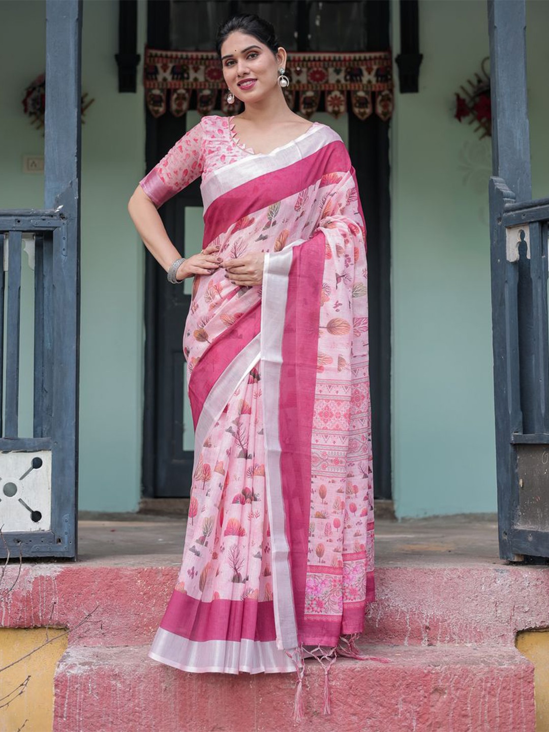 

ALMAARI FASHION Floral Printed Pure Linen Banarasi Saree, Pink