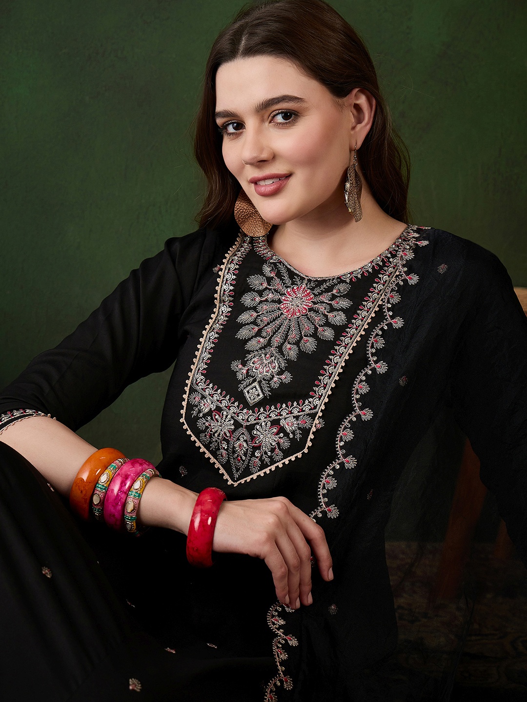 

Sangria Black Floral Embroidered Sequinned A-Line Kurta With Trousers And Dupatta