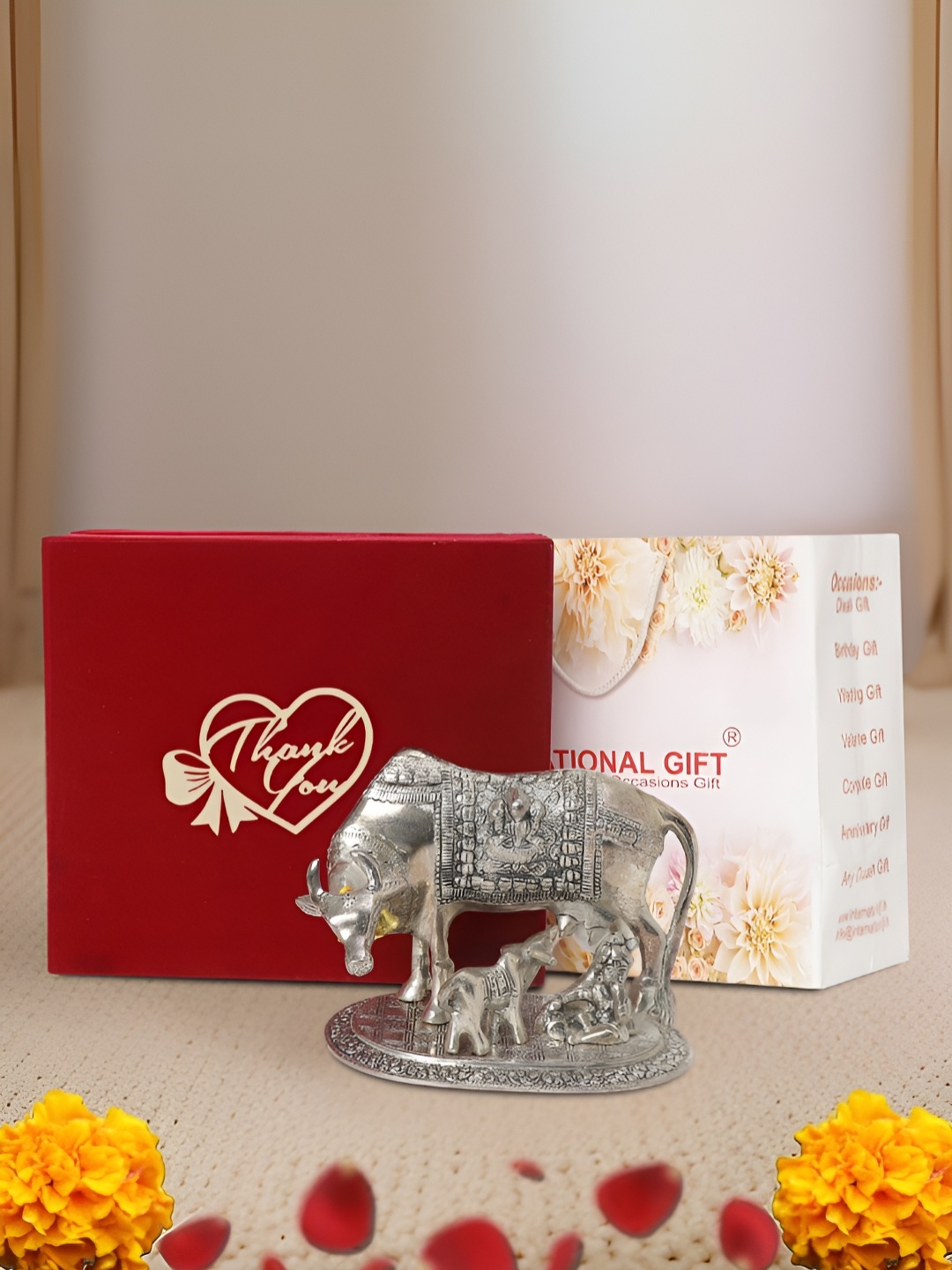 

INTERNATIONAL GIFT Silver-Toned Kamdhenu Cow With Lord Krishna Religious Idol Showpiece